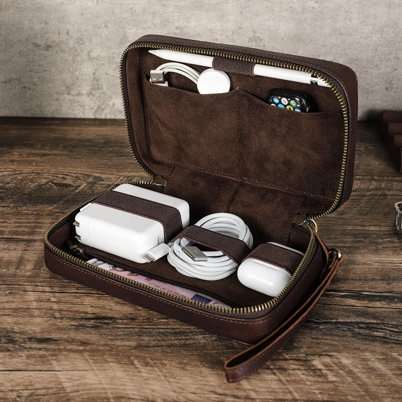Tech Accessories Travel - Винтажная коричневая сумка-органайзер из натуральной коровьей